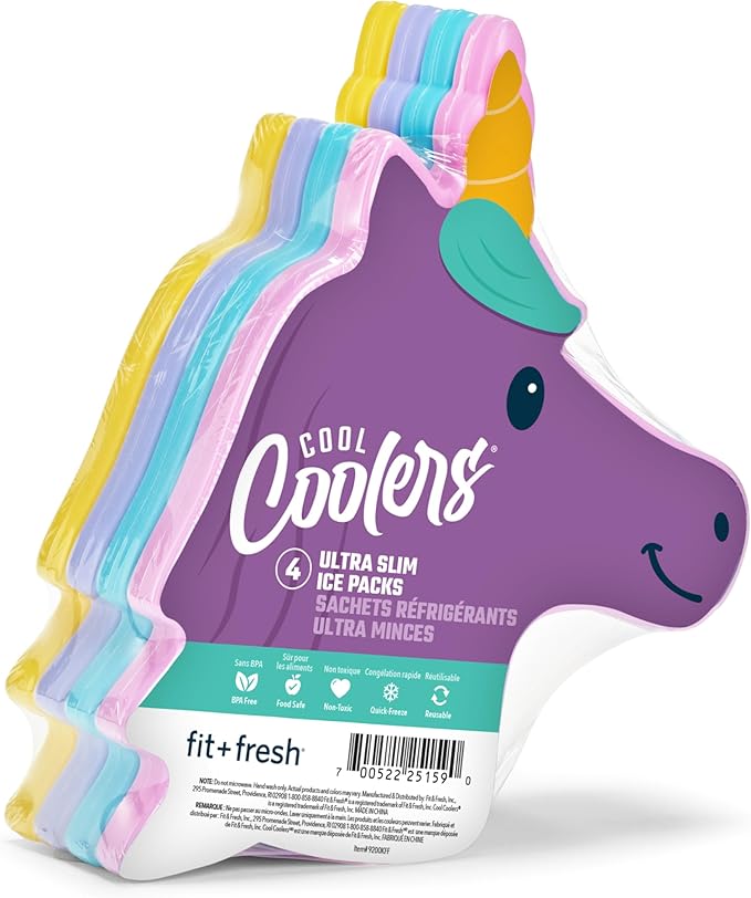 Cool Coolers Kids Lunch Box Ice Packs, Slim Ice Packs for Lunch Bags, Reusable-Multicolored 4 Pack (Unicorn)