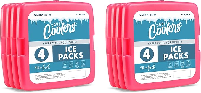 Cool Coolers by Fit + Fresh, Reusable & Long-Lasting Slim Ice Packs, Cold Packs for Lunch Boxes, Ice Packs for Lunch Bags, Pink 8 Pack