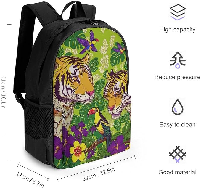 Supdreamc Daypack Backpack Polyester Anti-Theft Multipurpose Tropical Floral Wild Animals Tigers Parrot Green Bookbag Big Capacity Travel Hiking Camping Rucksack With Smooth Zippers