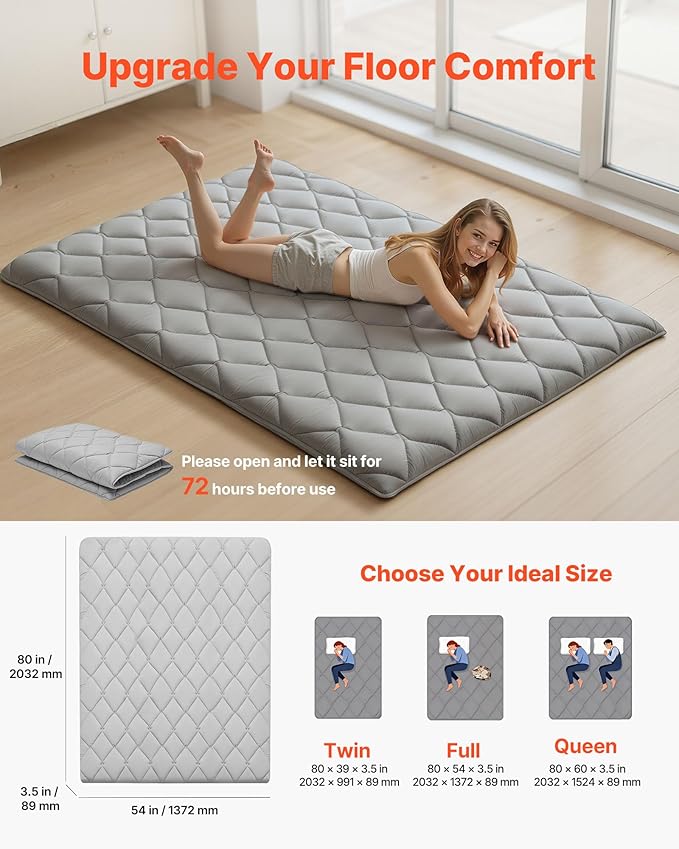 VEVOR 9-Layer Japanese Futon Mattress, 3.5" Thick Full Tatami Mat, Foldable Roll Up Mattress for Sleeping with Storage Bag, Portable Floor Mattress for Camping Dormitory Yoga, Gray