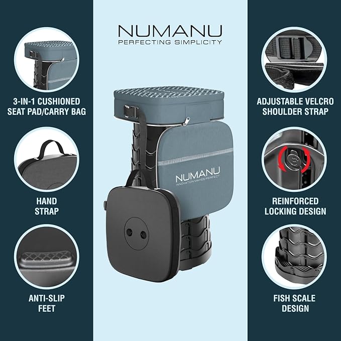 NUMANU 2025 Upgraded Square Collapsible Stool & 3IN1 Cushioned Carry Bag, Adjustable Height Folding Stool, Telescopic Camping Chair Retractable Seat or Footrest for Outdoors & Travel, 18" Max 620lbs