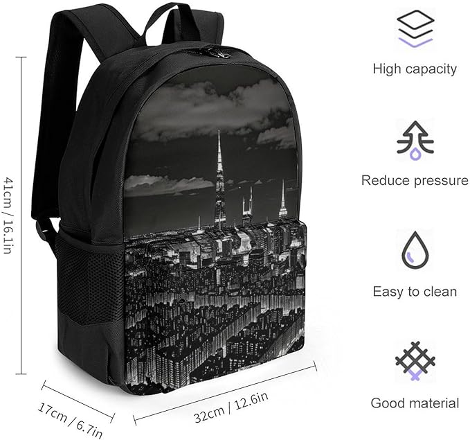 Women Men Polyester New York City Night View Casual Daypack Large Capacity Bookbag With Side Pockets for Sports Picnic Walking Cycling