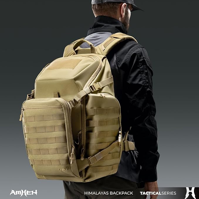 52L Tactical Backpack - 1050D 72 Hour Bug Out, 17" Laptop Compartment, Helmet Pocket and MOLLE for Survival Emergency (Tan)