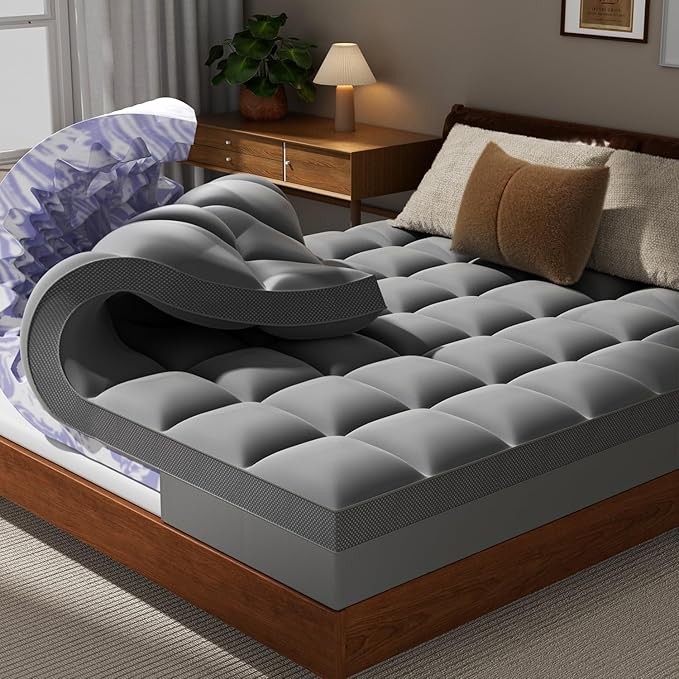 Dual Layer 5 Inch Memory Foam Mattress Topper Full - 3 Inch Pillow Top Mattress Pad and 2 Inch Gel Memory Foam, 7-Zone Egg Crate Full Size Mattress Topper (Gray)
