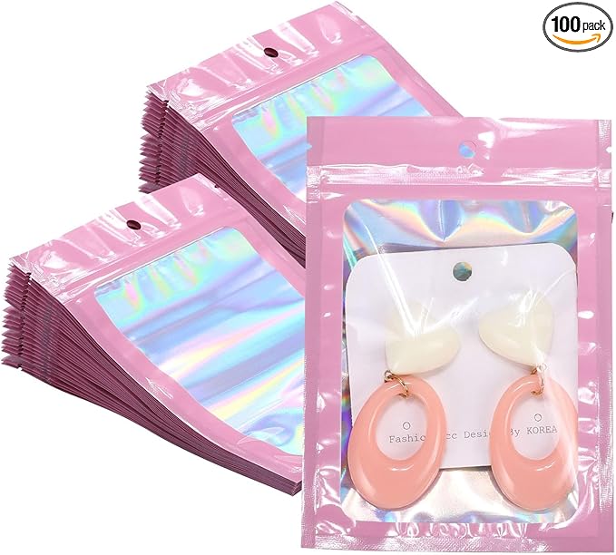 100Pcs Holographic Packaging Bags 4x6 Inch Resealable Foil Mylar Bags for Small Business Party Favor Pouch Packaging and Sample Storage (Pink)