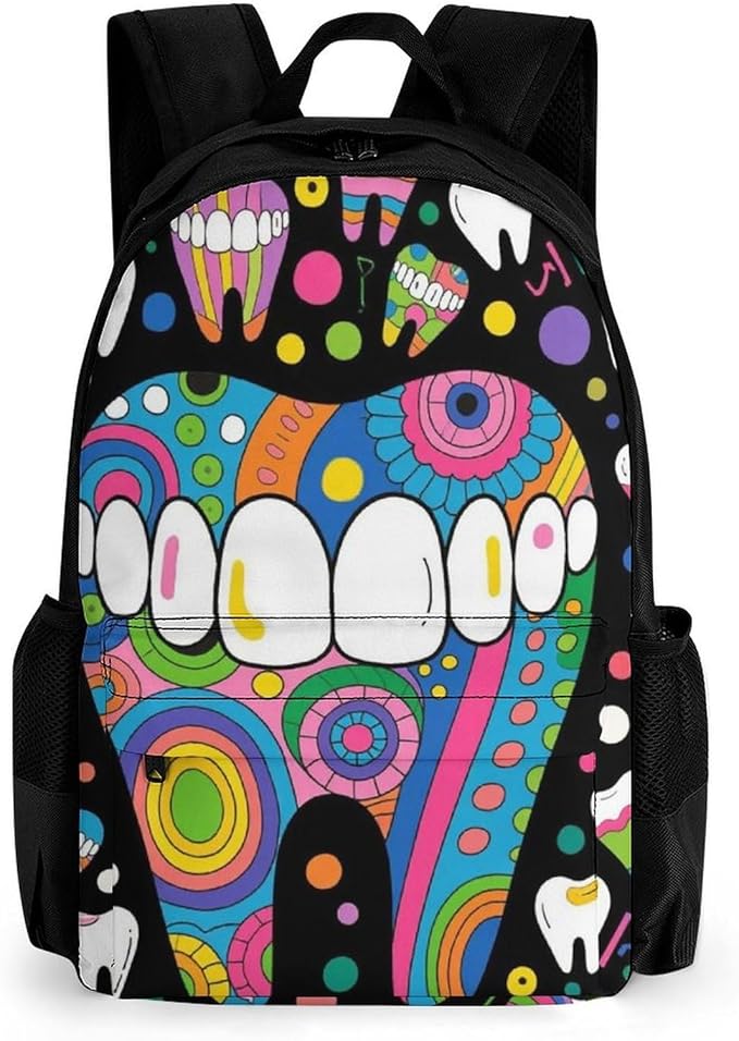 Daypack Bookbag Multipurpose Anti-Theft Big Capacity Carry On Bag, Cartoon Teeth Dental Art Travel Hiking Camping Rucksack With Padded Straps