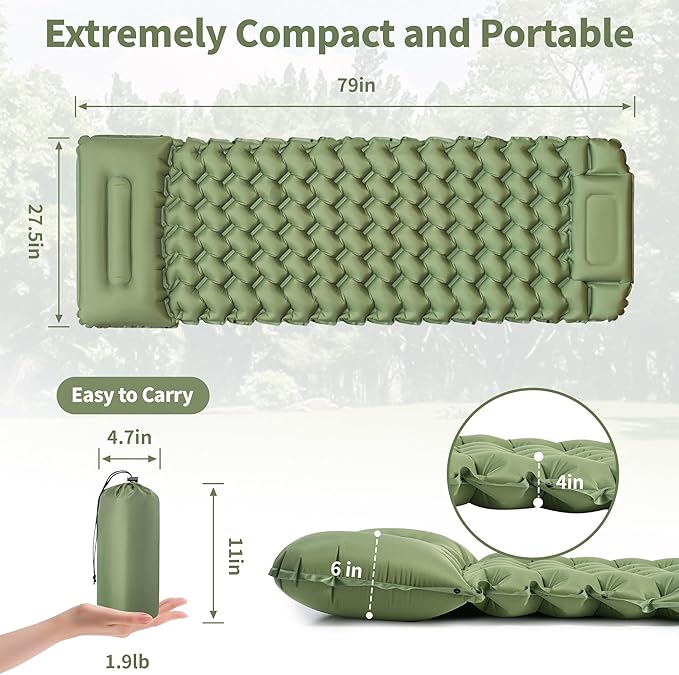 Sleeping Pad for Camping - 4” Thick Inflatable Camping Mat with Built-in Pump & Pillow, Ultralight Self Inflating Camping pad, Backpacking Sleeping Mat for Hiking, Tent, Traveling