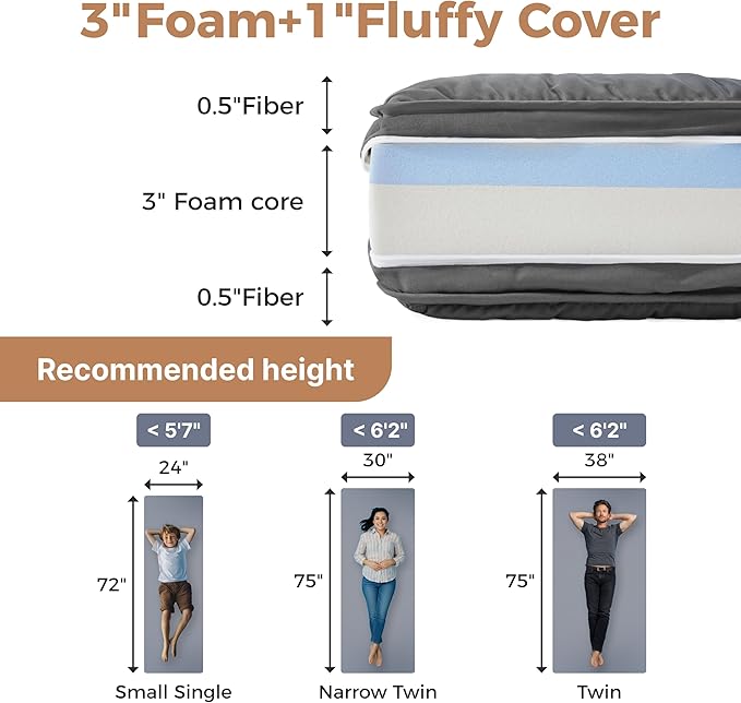4Inch Twin Floor Mattress,3-Layer Structure Cot Mattress Topper,Gel Memory Foam,Removable Thickened Cover,Portable Roll Up Sleep Pad(75X38X4“)