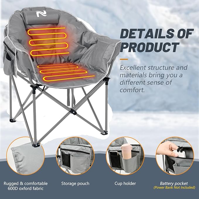 LILYPELLE Oversized Heated Camping Chair, Patio Lounge Chairs with 3 Heat Levels, Portable Folding Heated Chair Round Moon Saucer Folding Lawn Chair Outdoor Chair for Camping, Lounge Patio