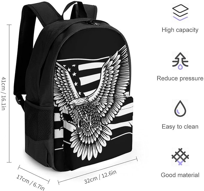 Shoulder Book Bags Anti-Theft Multipurpose Big Capacity Bookbag, Black And White American Flag Patriotic Usa Bald Eagle Pattern Travel Hiking Backpack With Smooth Zippers
