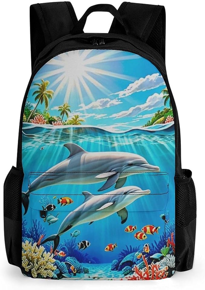 Daypack Polyester Anti-Theft Multipurpose Dolphin Blue Ocean Underwater World Bookbag Big Capacity Gym Outdoor Hiking Backpack With Adjustable Shoulder Straps