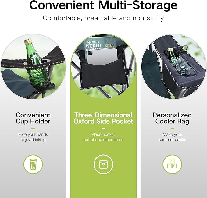 GREEN PARTY Folding Camping Chair Oversized Heavy Duty Lawn Chair with Cooler Bag, Cup Holder, Storage Pocket, Collapsible Padded Outdoor Arm Chair, Quad Lumbar