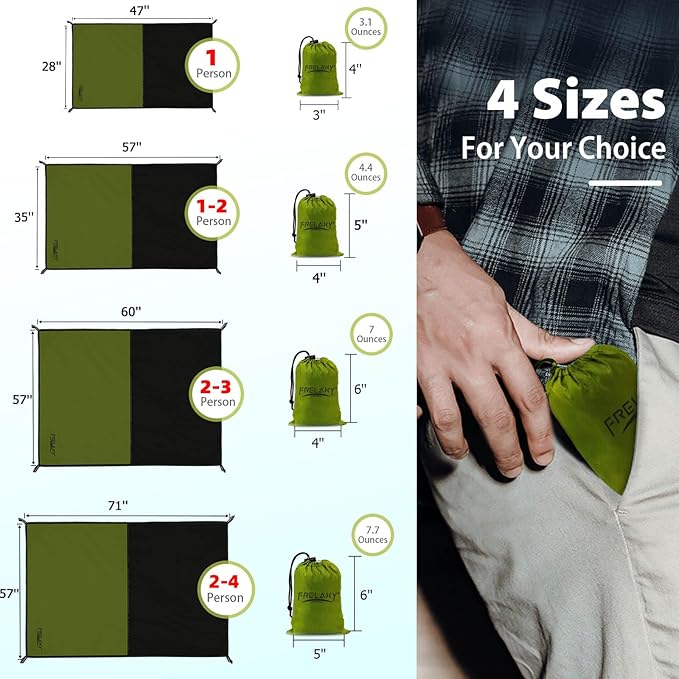 Frelaxy Pocket Picnic Blanket, Waterproof Sandproof Beach Mat, Compact Camping Tarp for Festivals, Hiking, Travel, Outdoor Recreation (Army Green, 57'' x 71'')