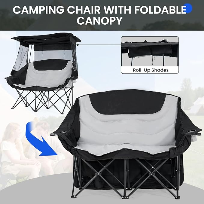 DoCred Double Beach Camping Chair with Canopy, Folding 2 Person Camping Sofa Seat, Portable Outdoor Loveseat with Shade, Oversize Camp Chair for Lawn, and Outdoor Activities