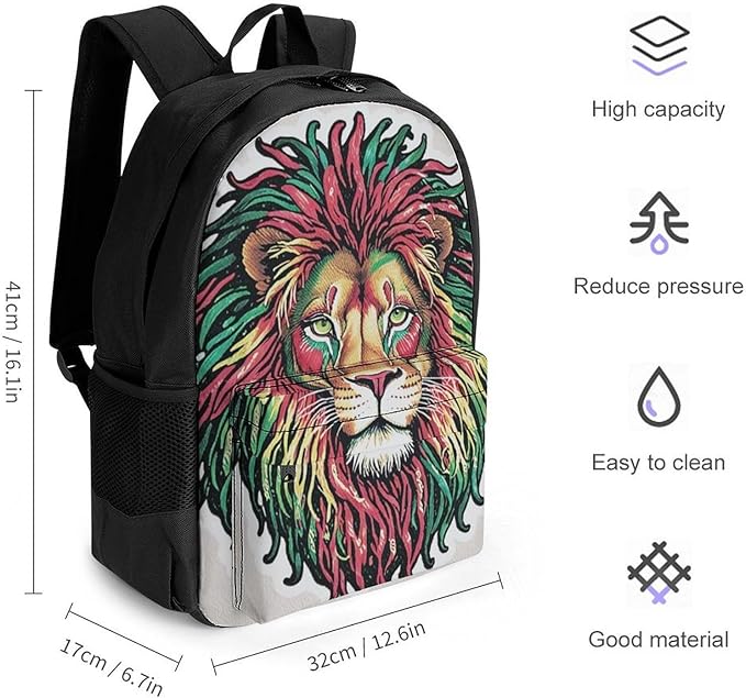 Rucksack Polyester Anti-Theft Multipurpose Dreadlock Rasta Lion Jamaican Reggae Bookbag Big Capacity Travel and Sport Backpack Rucksack With Side Pockets