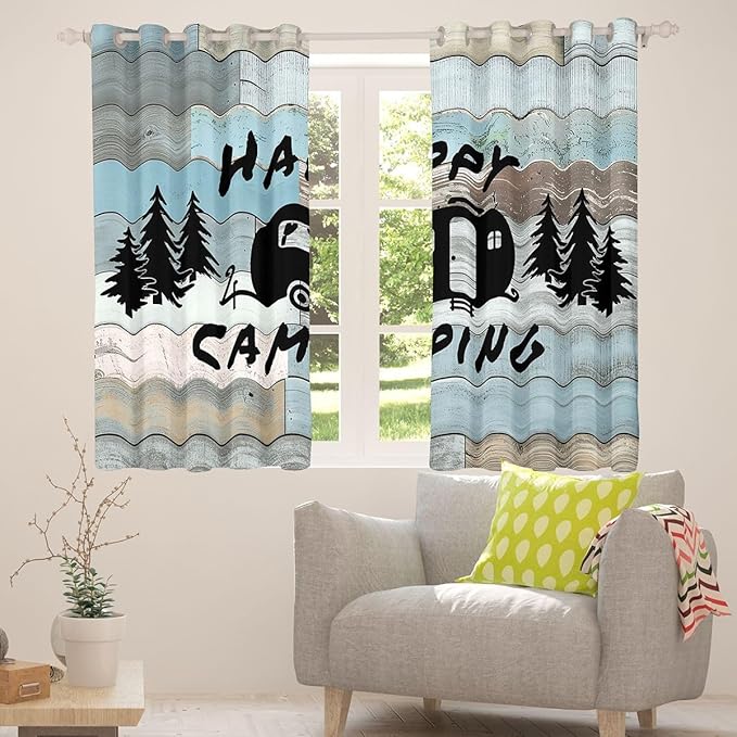 Happy Camping Adventure Blackout Curtains,Pine Tree Camper Silhouette Rustic Boys Girls Room Decor,Wooden Plank Farmhouse Cabin Window Drapes,Blue 2 Panels,52Wx96L inch