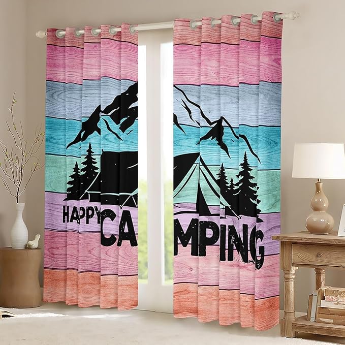 jejeloiu Happy Camping Curtains for Bedroom Living Room Camper Blackout Shades RV Camping Room Darkening Curtain Wild Animal Window Treatments, 2 Panels 42 x 84 Inch Decor