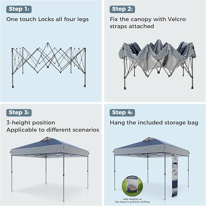 GREEN PARTY 10x10 ft Pop Up Canopy Tent, 1-Person Setup Instant Outdoor Canopy with Vented Top, Wheeled Carry Bag, 4 Ropes & 4 Sandbag -Blue & White Stripes