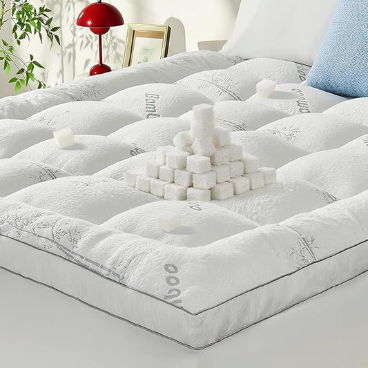 Memory Foam Mattress Topper - Viscose Made from Bamboo Pillow Top Thick King Size Mattress Pad for Back Pain, Ultra Soft & Cooling for Hot Sleepers, 6-18'' Deep Pocket, White