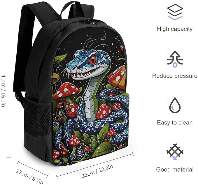 Men Women Lightweight Trippy Mushroom Snake Art Casual Daypack Big Capacity Bookbag With Padded Straps for Gym Travel Walking Cycling