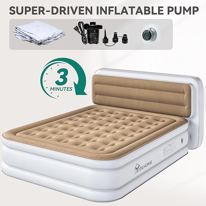 YITAHOME Queen Size Air Mattress with Pump and Banded Headboard, 18in Luxury Flocked Top Blow up Mattress, Durable Inflatable Mattress for Home & Guests, Brown AirBed