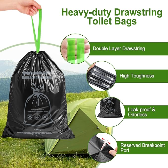 BLIKA Camping Toilet Bags Eco Absorbent Gel Set, Drawstring Portable Toilet Bags with Gel, 8 Gallon (30L) Heavy Duty 1.97 Mil, Toilet Replacement Bag with Toilet Powder for Camping Outdoor Hiking