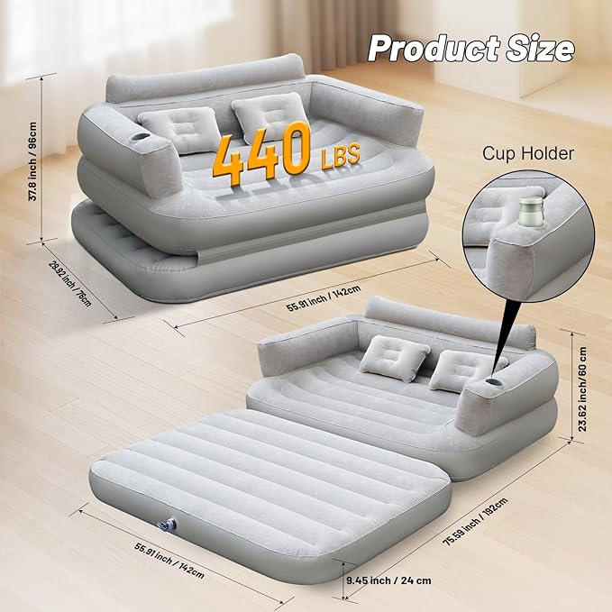 Full Size Inflatable Sofa Bed with Air Pump,2-in-1 Portable Blow-Up Air Couch,Inflatable Couch Bed and Folding Air Mattress for Home,Camping,and Guests
