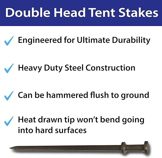 Double Head Tent Stakes - Heavy Duty Steel Tent Stakes, Versatile Ground Spikes to Anchor Commercial Inflatables, Party Tents, and Outdoor Camping Shelters, 1 x 36 Inch, 100-Pack