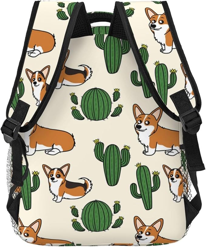 Daypack Backpack Anti-Theft Multipurpose Large Capacity Carry On Bag, Corgi Dog Cactus Traveling Camping Backpack With Side Pockets