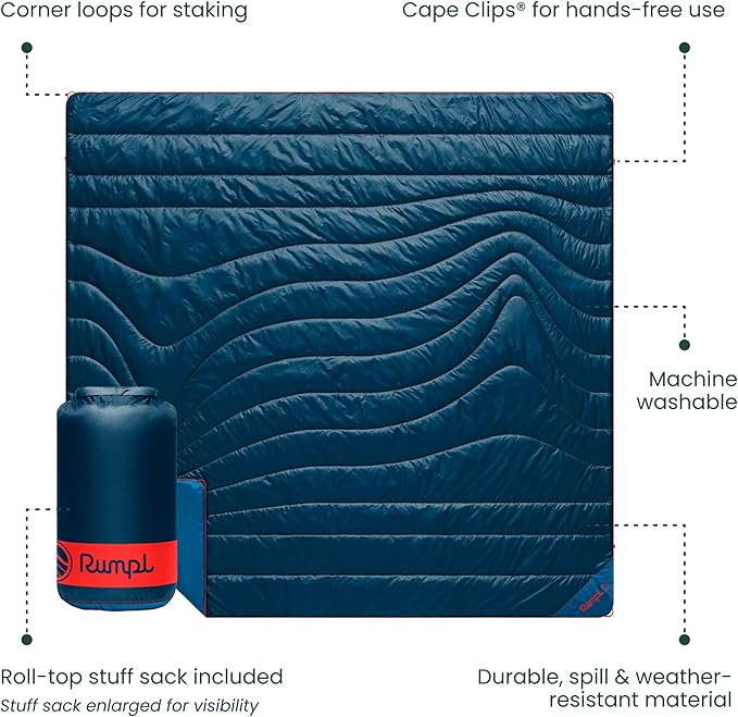 Rumpl Original Puffy Blanket - Warm Puffy Camping Blanket, 100% Recycled Polyester Insulation, Lightweight, Packable, Water-Resistant, Outdoor Puffer Blanket, 84"x80", Deepwater