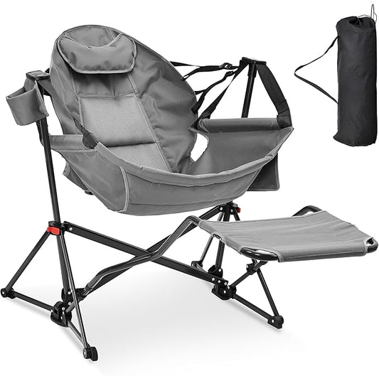 Ainfox Hammock Camping Chair with Footrest, Foldable Portable Rocking Chairs for Adults Outside Swinging Camp with Cup Holder Pillow for Outdoor Patio Poolside (Grey)