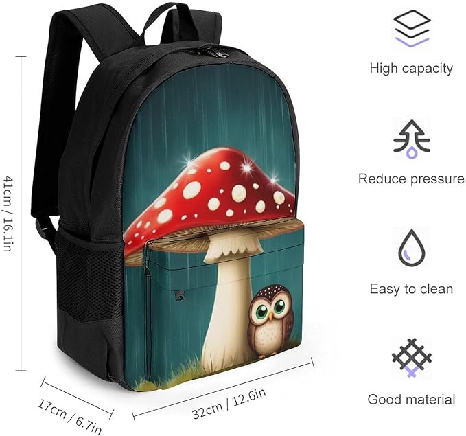 Shoulder Book Bags Polyester Multipurpose Anti-Theft Cute Owl Mushroom Carry On Bag Large Capacity Travel Hiking Camping Rucksack