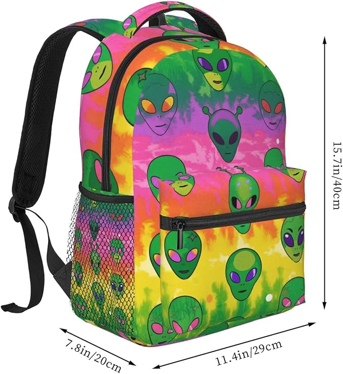 Men Women Polyester Colorful Alien Tie Dye Art Daypack Bookbag Big Capacity Shoulder Bag With Padded Straps for Climbing Travel Walking Cycling
