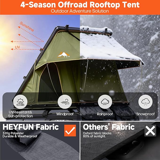 Adventurer Pro Rooftop Tent Hard Shell with USB Outlet, Side Awning, Replaceable Rain Fly&Luggage Racks for 4 Season Camping, Aluminum Pop Up 2-3 Person Roof Top Tent for Truck Jeep SUV Van Trailer