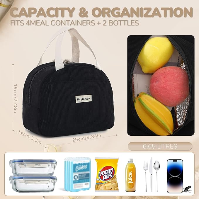 Lunch Bag for Women Men Cute Corduroy Lunch Tote Bags Reusable Insulated Lunch Box Large Capacity Reusable Insulated Cooler for Work/Picnic/Travel
