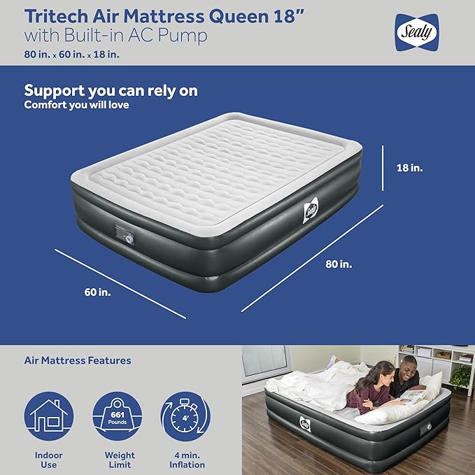Sealy Tritech 18" Inflatable Air Mattress Bed with Built-in Pump, Storage Bag, and Repair Patch, for Indoor and Outdoor Use, Queen
