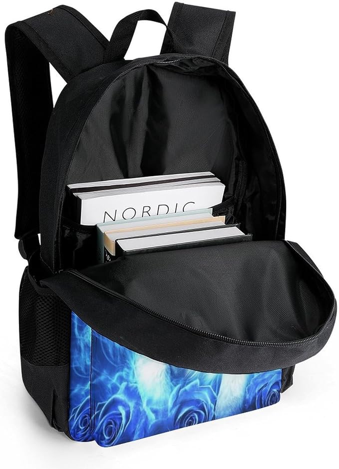 Rucksack Multipurpose Anti-Theft Big Capacity Shoulder Bag, Blue Fire Flame Rose Wolf Travel Hiking Camping Rucksack With Side Pockets