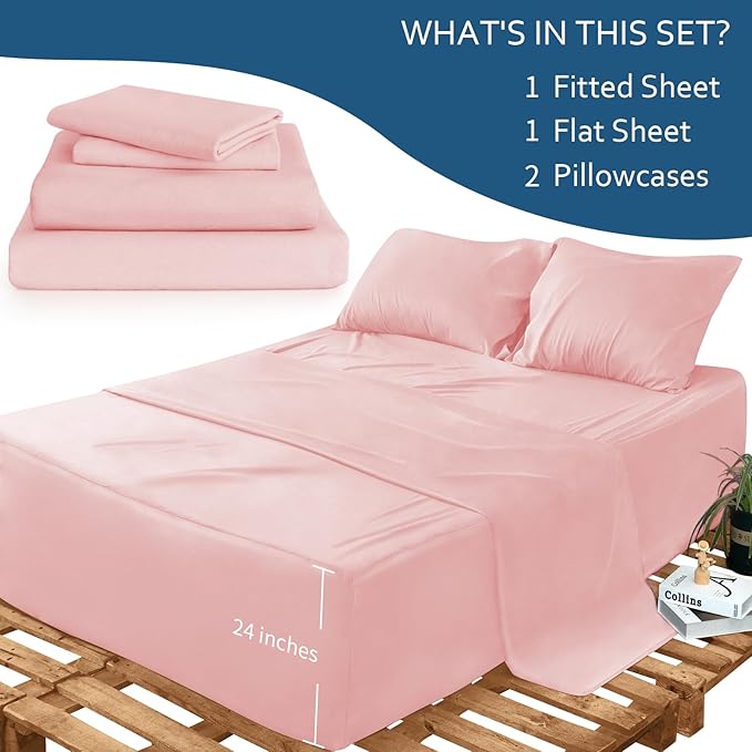 Flannel Sheets Queen Size - 100% Cotton Flannel - 4 Piece Queen Flannel Sheet Set - Brushed for Extra Softness Fits 16in to 24in Pillow Top Air Bed Mattress - Pink