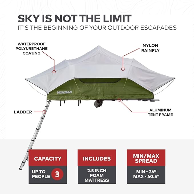 Yakima SkyRise Medium Nylon Rooftop Camping Tent for 3 People with Ladder, Mesh Skylights, and 2.5 Inch Foam Mattress with Removable Cover, Green