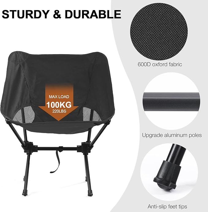 Folding Portable Camping Chair, Lightweight Foldable Outdoor Chair for Sports, Backpacking Beach Chair for Adults, Black
