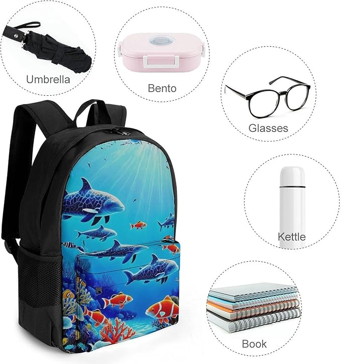 Rucksack Anti-Theft Multipurpose Big Capacity Carry On Bag, Colorful Sea Ocean World Dolphin Tropical Fishes Coral Traveling Camping Backpack With Side Pockets