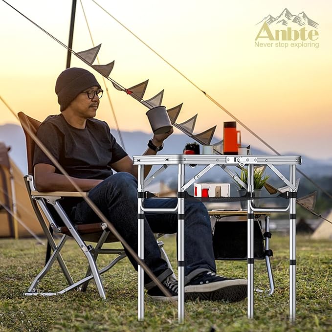 2ft Camping Table Foldable, 3 Adjustable Heights 26.3" Aluminum Small Folding Table with Storage Net, Lightweight, Portable Handle for Travel Outdoor Beach Picnic, 23.2" x 16", Silver