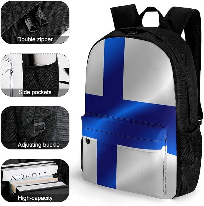Rucksack Anti-Theft Multipurpose Big Capacity Carry On Bag, Flag Of Finland Traveling Camping Backpack With Side Pockets