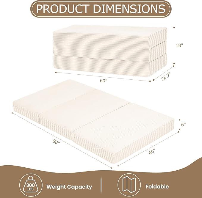 6-Inch Tri-Fold Mattress Queen Size - Foldable Futon Sofa Bed with Removable Washable Cover, Folding Memory Foam Futon Mattress | Non-Slip Bottom & Carry Handles for Guest, Camping, Dorm