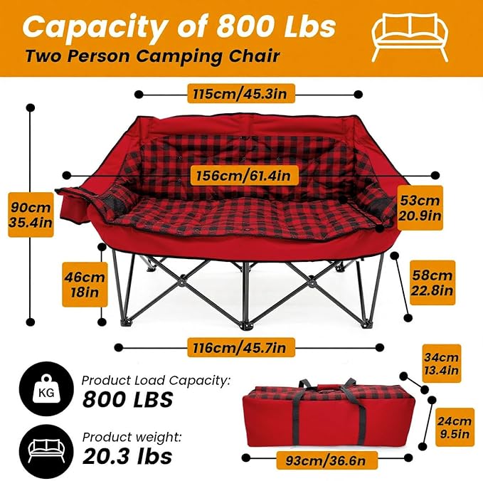 QUYUAN Double Camping Chair for Adult, Heavy Duty Folding Chair for 800lbs, Comfortable Lawn Chairs with Fully Padded, Camp Chairs for Outdoor Sports, Fishing, Concerts, Beach, Red Camping Loveseat