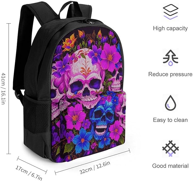 Lightweight Daypack Backpack for Trekking Work Running, Big Capacity Multipurpose Anti-Theft Bookbag, Purple Psychedelic Mexican Sugar Skulls Day Of The Dead Floral Flowers Business Computer Bag
