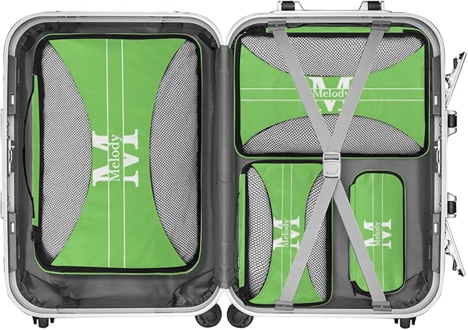 Personalized Packing Cubes, Set of 4 with Zipper Handles for Women Boys, Custom Name Travel Suitcases Luggage Packing Organizers, Lime Green Background with Initial