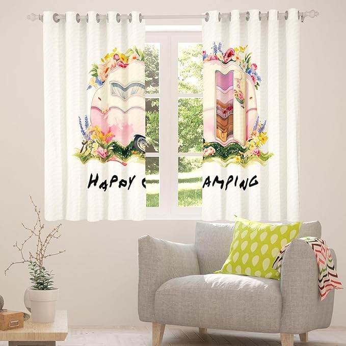 Happy Camping Adventure Window Drapes,RV Trailer Cartoon Camper Boys Girls Room Decor,Rose Flowers Leaf Rustic Nature Blackout Curtains,Pink Beige 2 Panels,42Wx84L inch