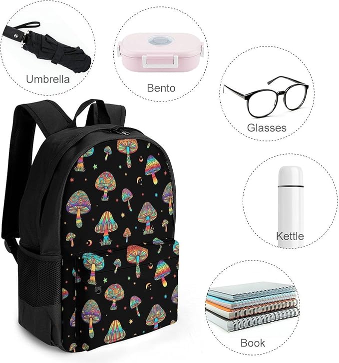 Supdreamc Men Women Polyester Trippy Magic Moon Mushrooms Daypack Backpack Large Capacity Carry On Bag With Smooth Zippers for Hiking Picnic Walking Cycling