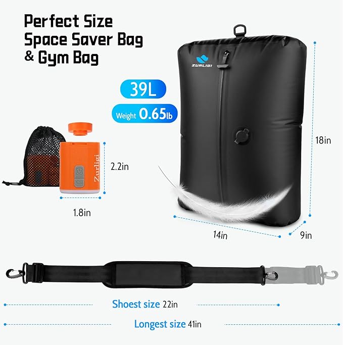 Zurligi Travel Vacuum Bags with Shoulder Strap & Mini Pump – IPX8 Waterproof Vacuum Seal Reusable 39L Carry-On Compression Bags for Clothes, Suitcase & Luggage(1-Pack, Black)